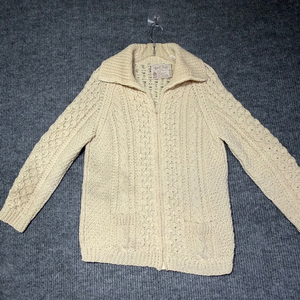Una O'Neill Aran Hand Knitted Wool Zip Up Cardigan Sweater Cream Ireland Mens M